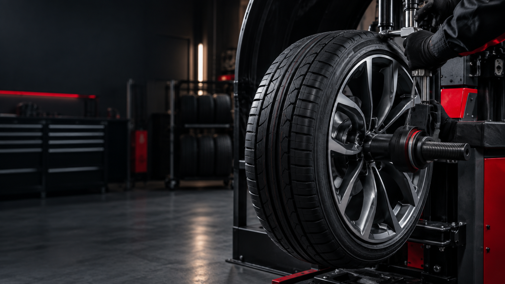 A wheel being professionally balanced